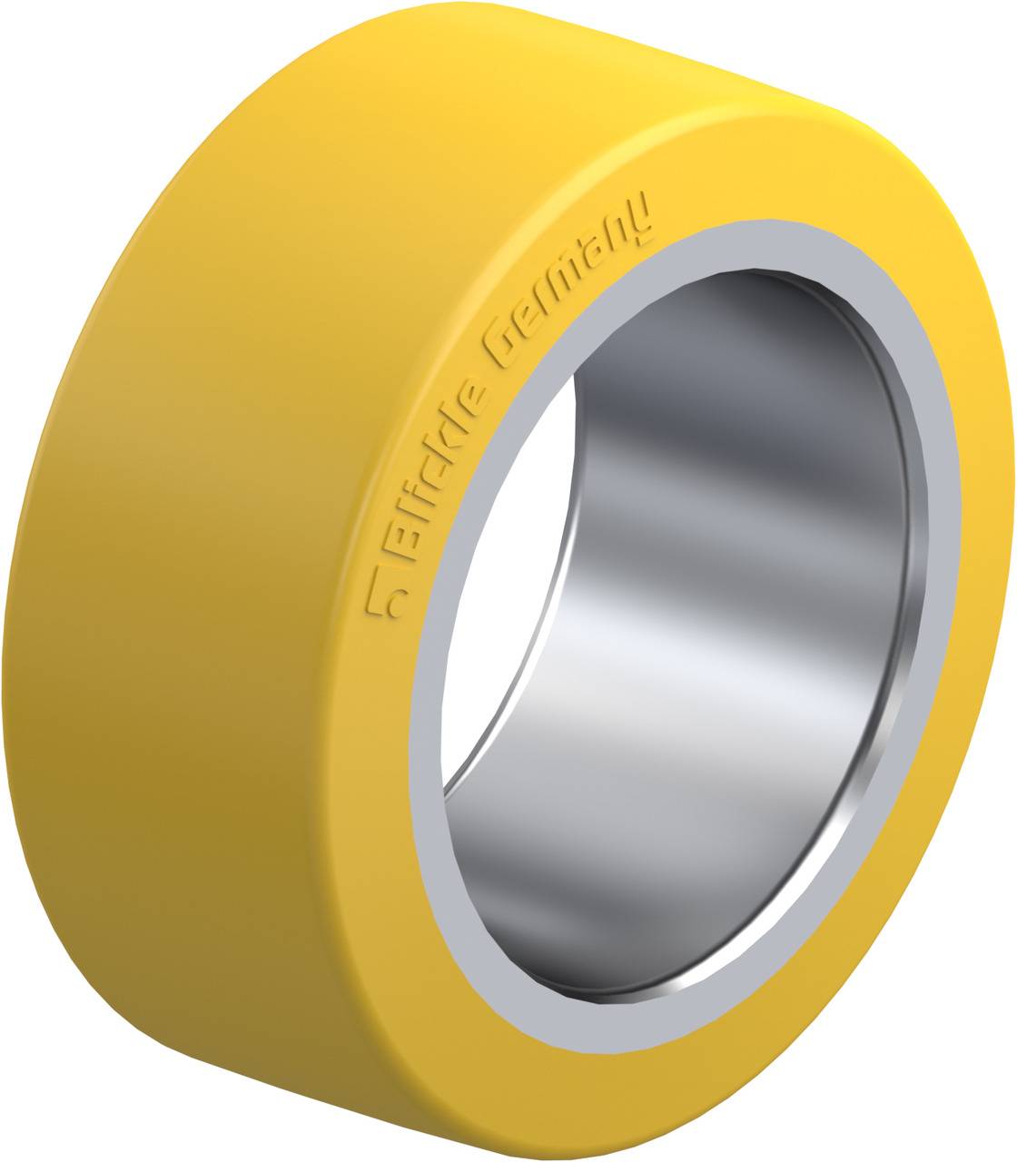 Gelbes Rad mit metallischem Innenring, hergestellt in Deutschland. Oberflächenstruktur glatt, geeignet für industrielle Anwendungen.