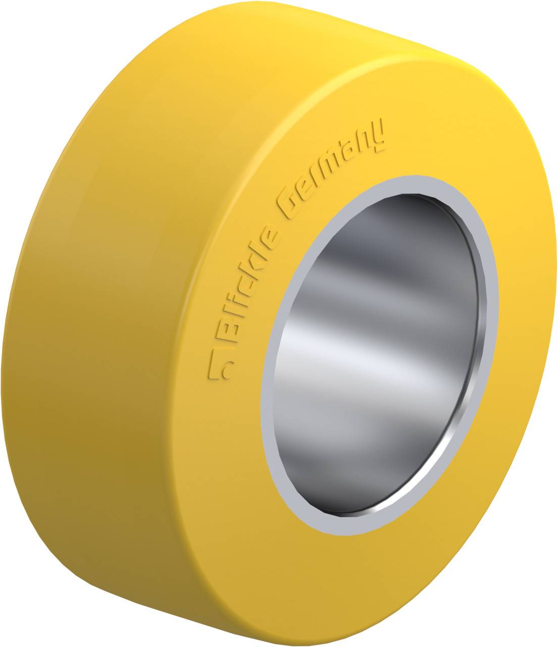 Rundes gelbes Rad mit Metallkern, geschrieben 'Germany'. Verwendet als Rollen oder Industrieteil.