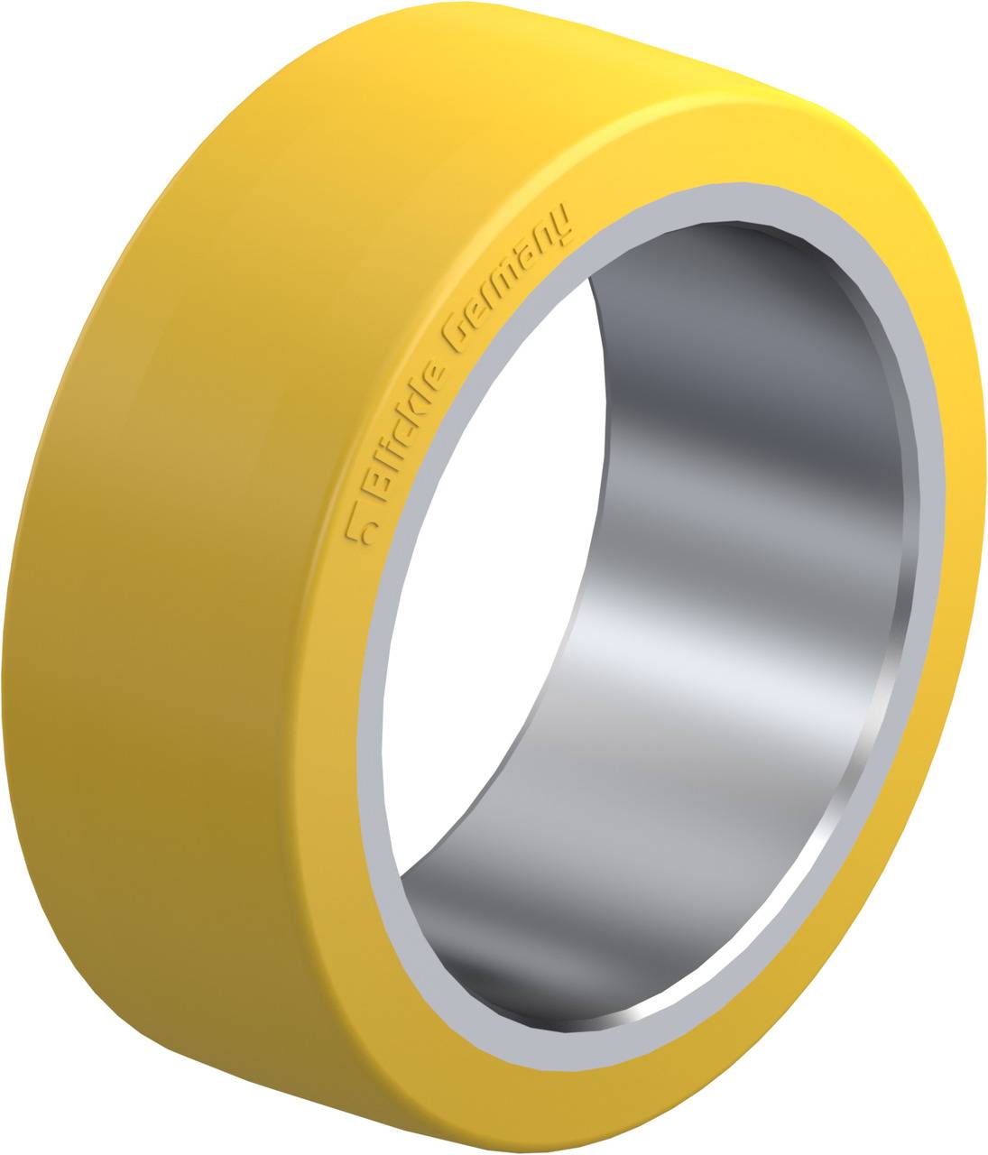 Gelbes Lager mit glatter Oberfläche, metallischem Innenring und graviertem Text. Ideal für Maschinen oder technische Anwendungen.