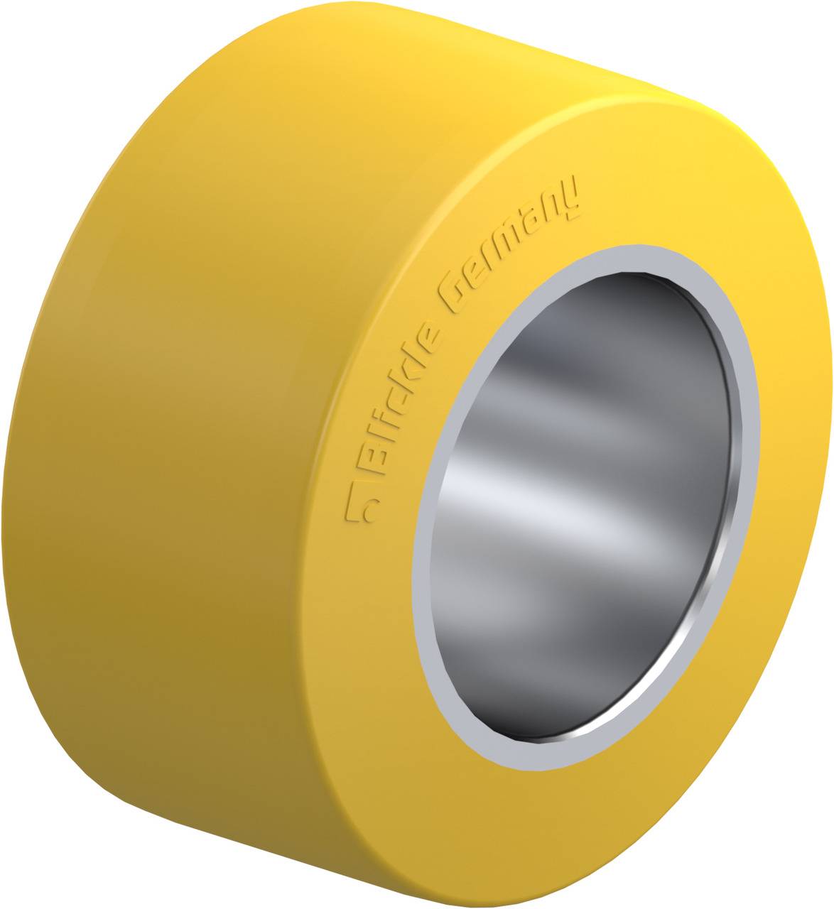 Gelbes Rad mit metallischer Innenfläche, möglicherweise für industrielle Anwendungen. Markenname auf der äußeren Oberfläche eingeprägt.