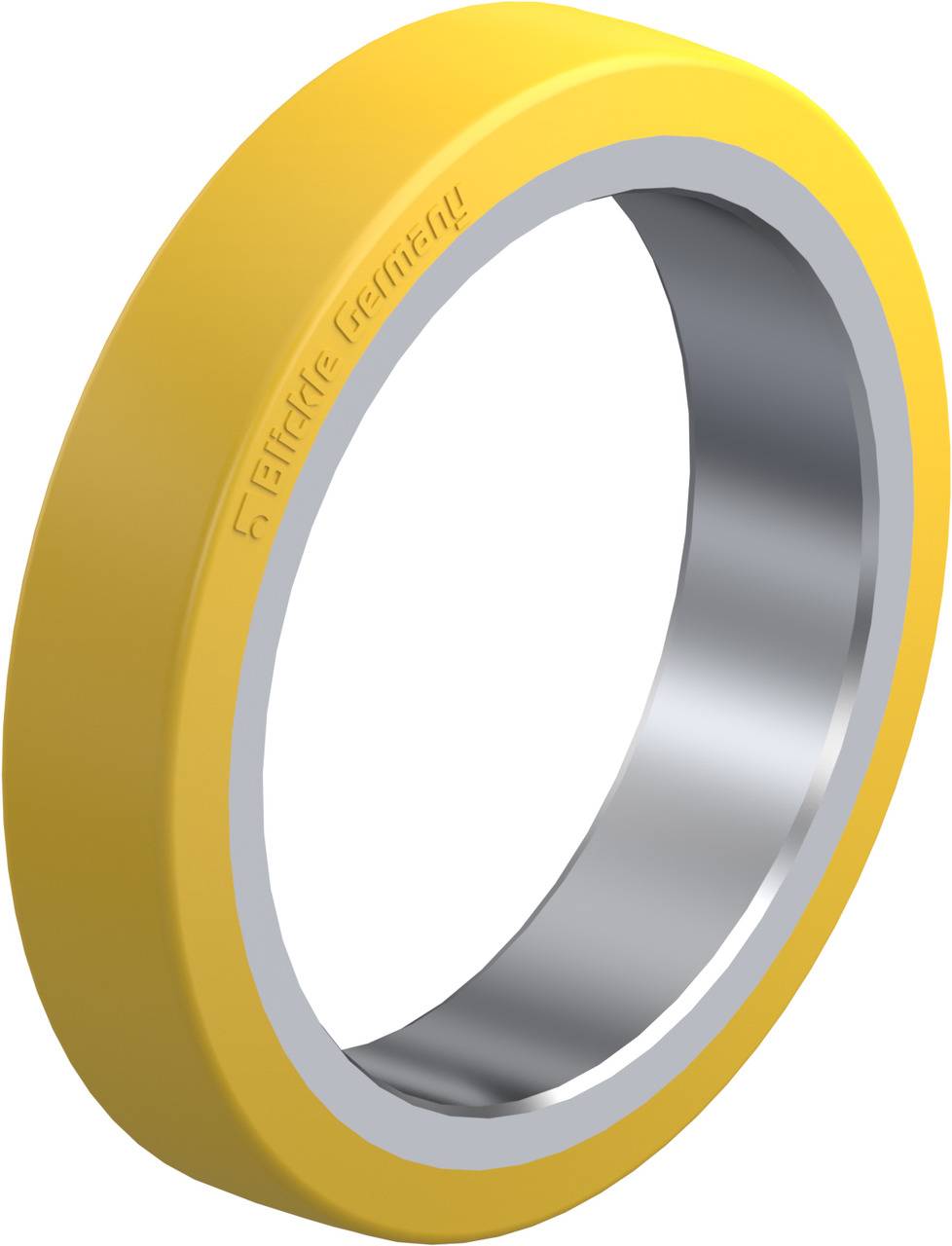 Gelber Ring mit silberner Innenseite, beschriftet mit 'Flickle Germany', symbolisiert Präzision oder Qualität in Fertigung.