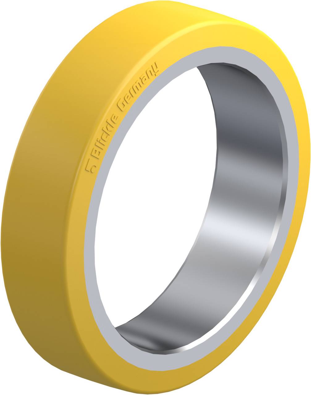 Ein gelber, ringförmiger Gegenstand mit einer glänzenden, metallischen Innenseite.