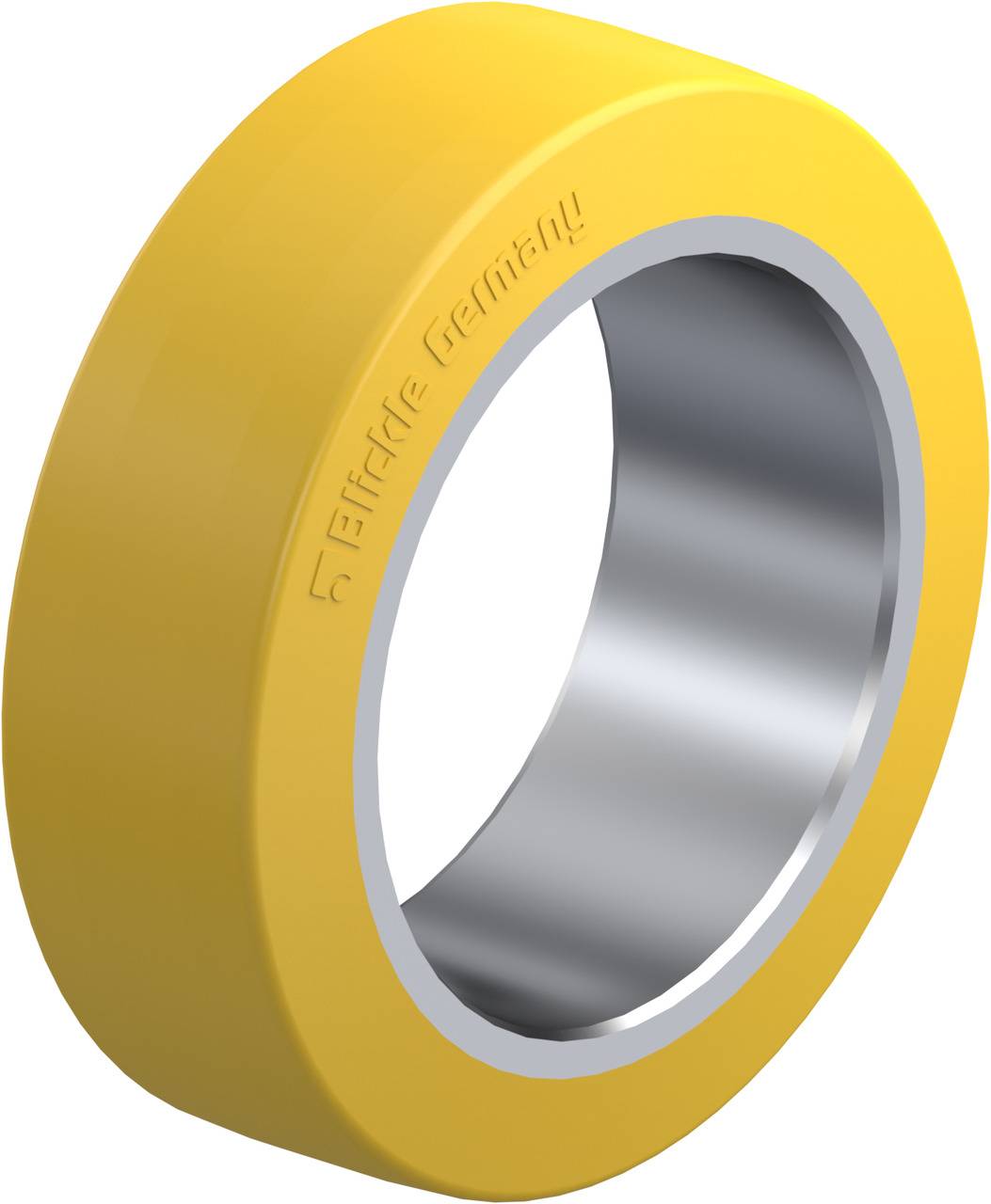 Gelbes Rad mit grauem Innenring, möglicherweise aus Metall gefertigt. Auf dem Rand sind Schriftzeichen zu erkennen.