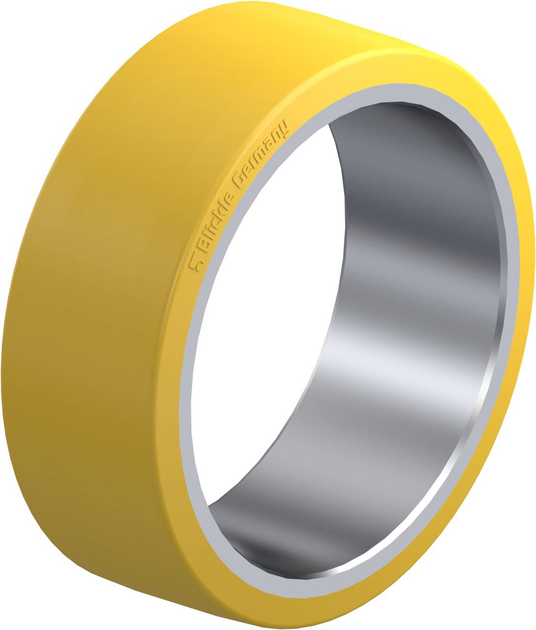 Gelber, robuster Radreifen aus Polyurethan mit silbernem Innenring, typisch für industrielle Anwendungen wie Fördertechnik und Lagerhaltung.