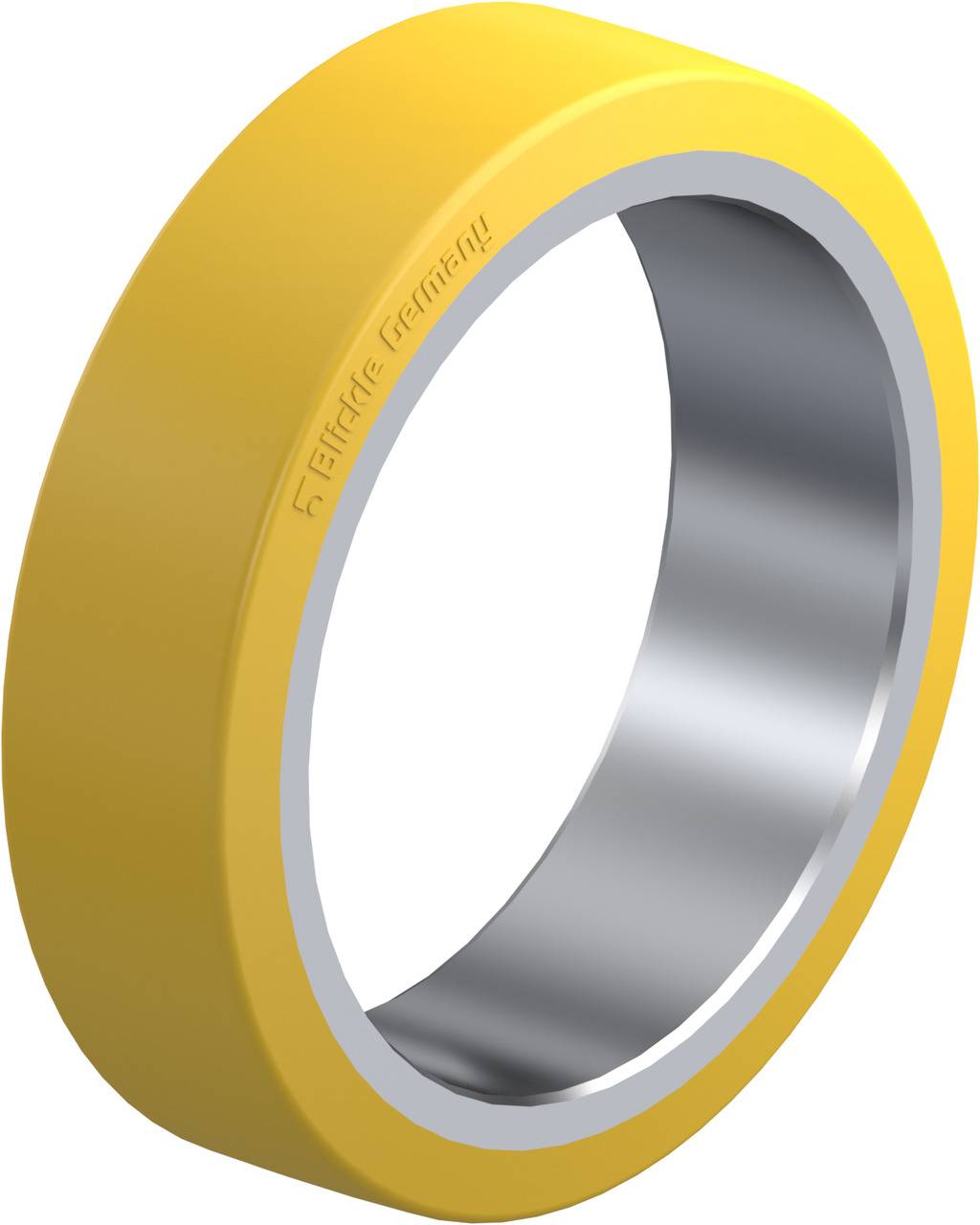 Ein gelber, kreisförmiger Metallring mit glänzender Innenfläche, Herstellername 