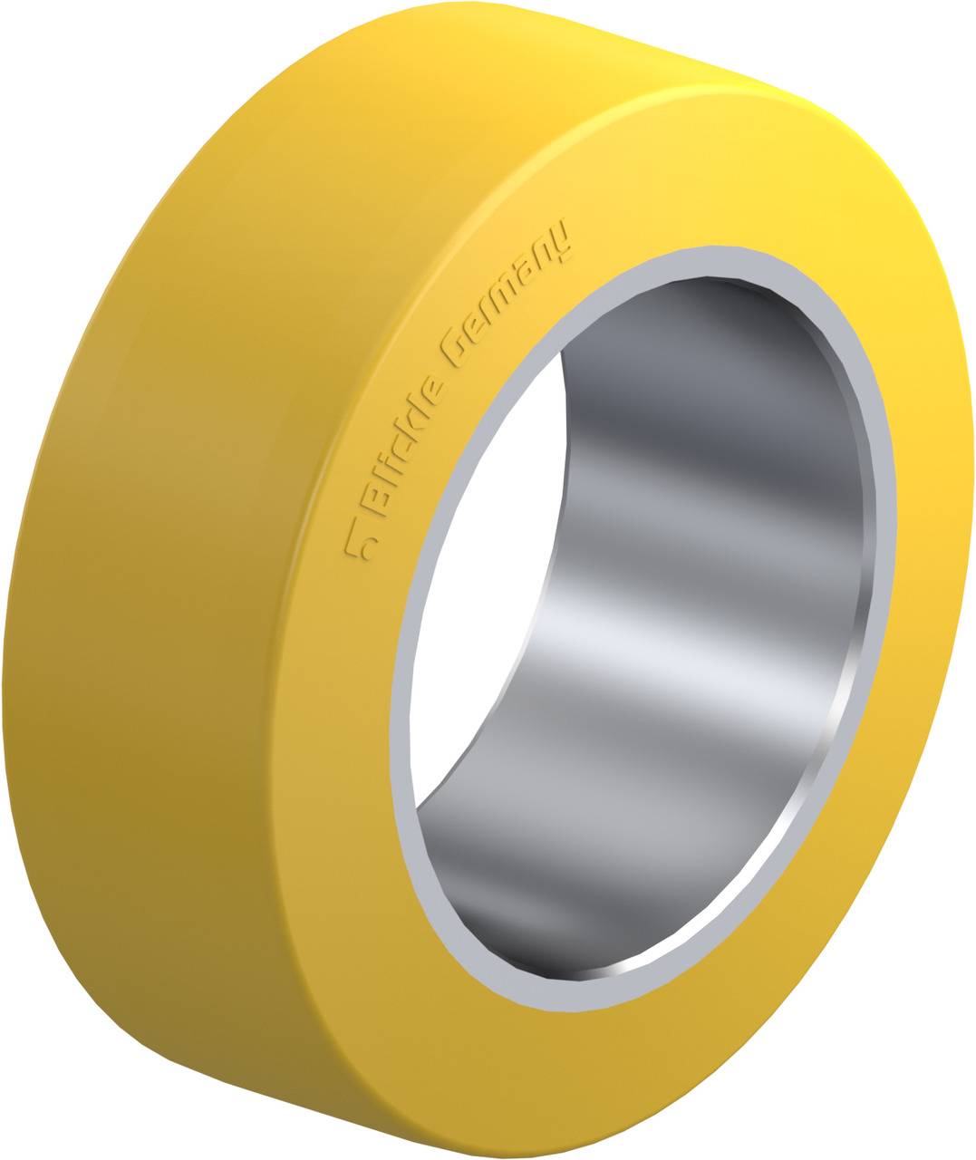 Gelbes Rad mit silbernem Innenring, hergestellt von Blickle Germany. Hauptsächlich für industrielle Zwecke verwendet.