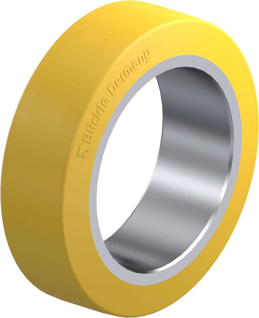 Ein gelber Ring aus Kunststoff mit einer inneren Metallbeschichtung. Die Aufschrift 'FRIdel Germany' ist auf der Oberfläche zu erkennen.