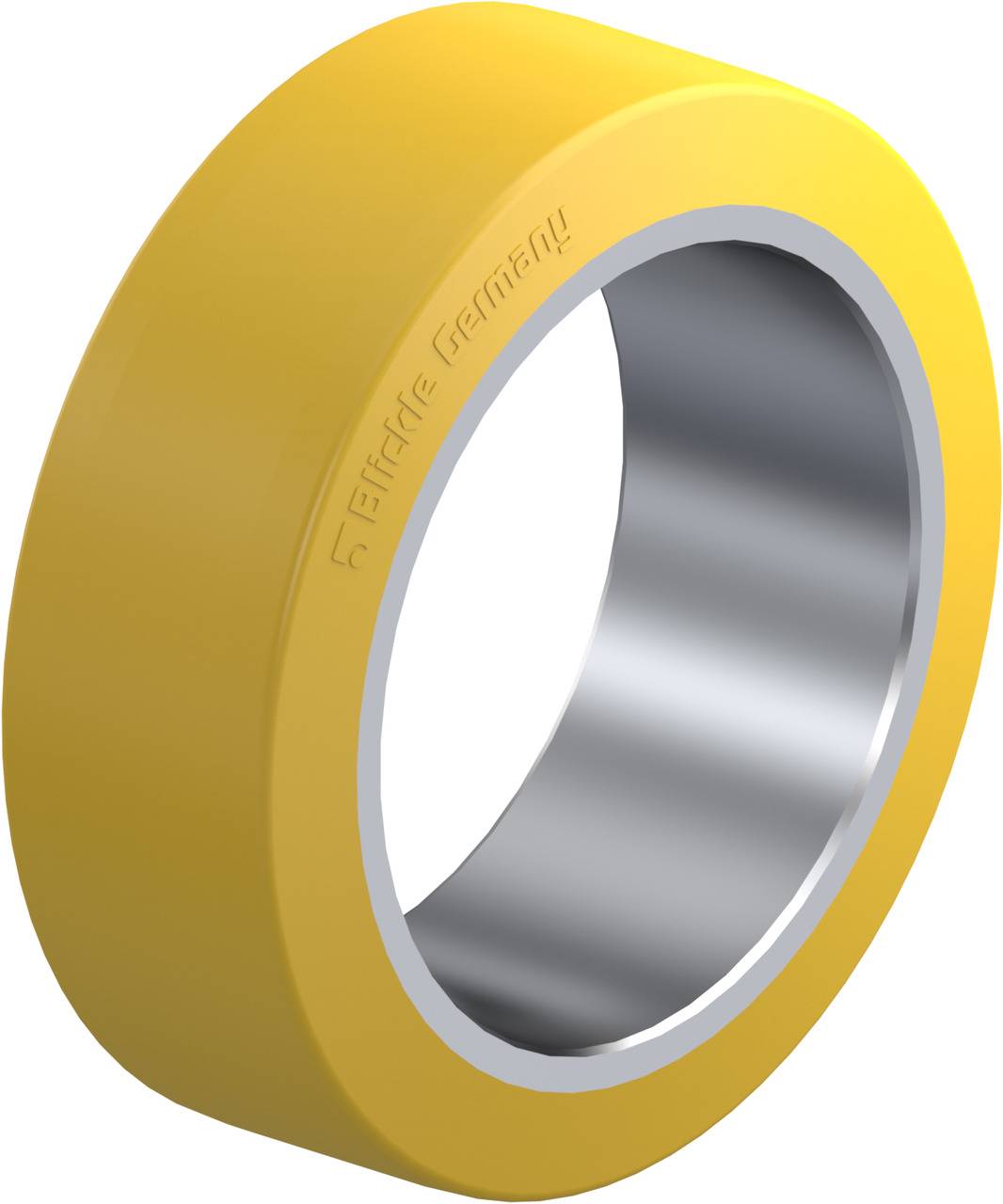 Ein gelber, ringförmiger Metallgegenstand mit einer glänzenden Innenseite. Er hat eine Gravur mit der Aufschrift: 'Elastische Germany'.