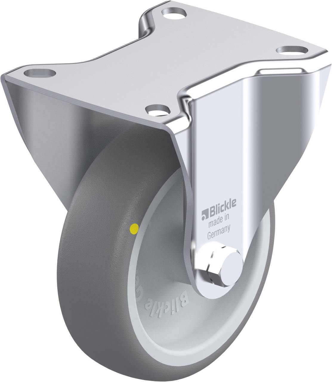 Schwenkrolle mit grauem Rad und silberner Halterung. Der Aufdruck auf der Halterung lautet: 'Blickle made in Germany'.