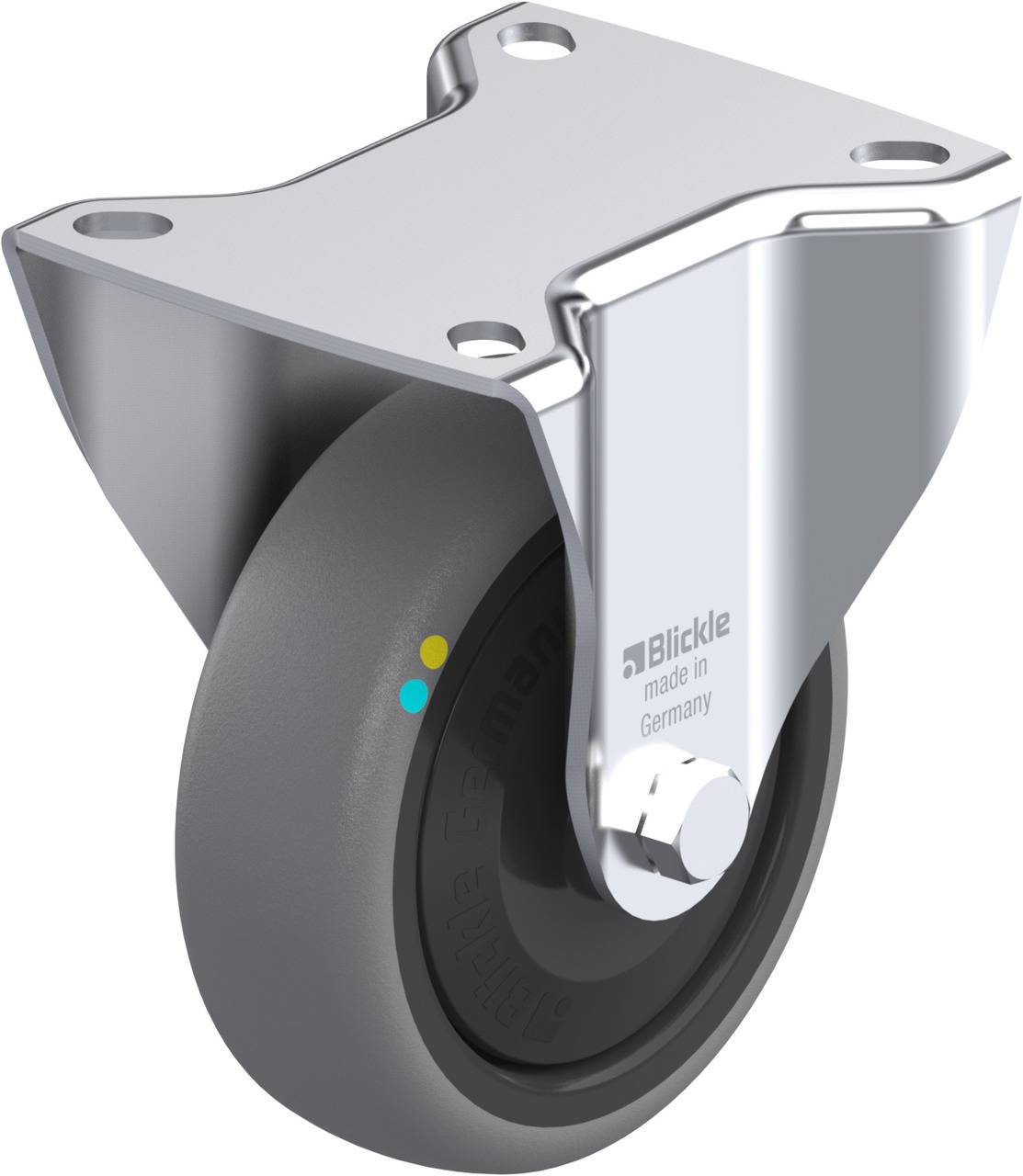 Graue Lenkrolle mit silberner Halterung aus Metall, geeignet für Transportwagen. Aufschrift 'Blickle made in Germany'.