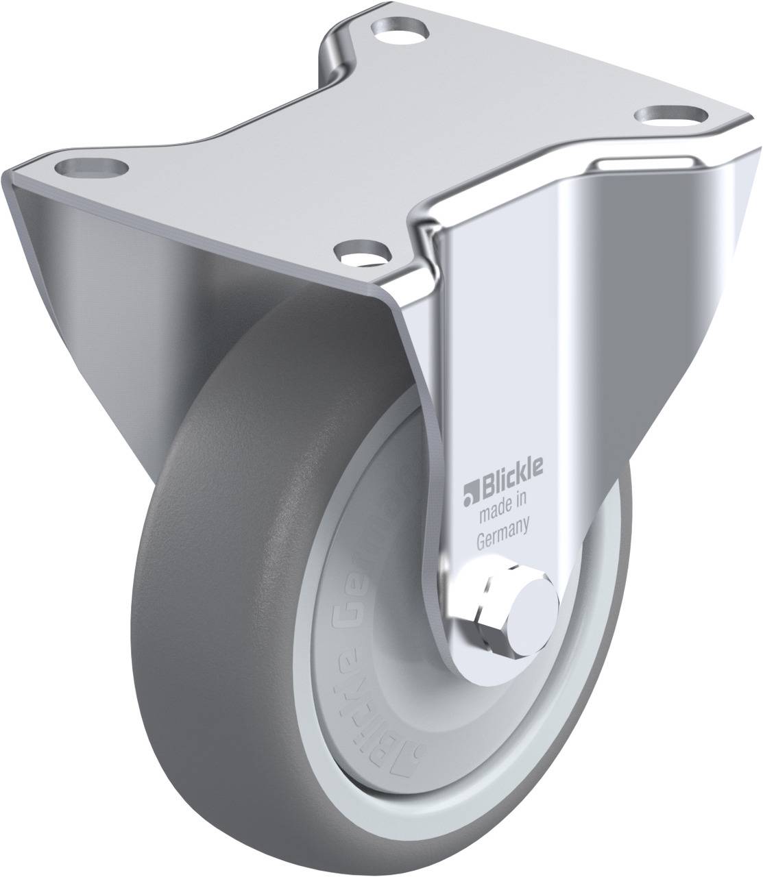 Schwenkrolle aus Metall mit grauem Rad, geeignet für industrielle Anwendungen, Markenname 'Blickle' auf der Seite aufgedruckt.