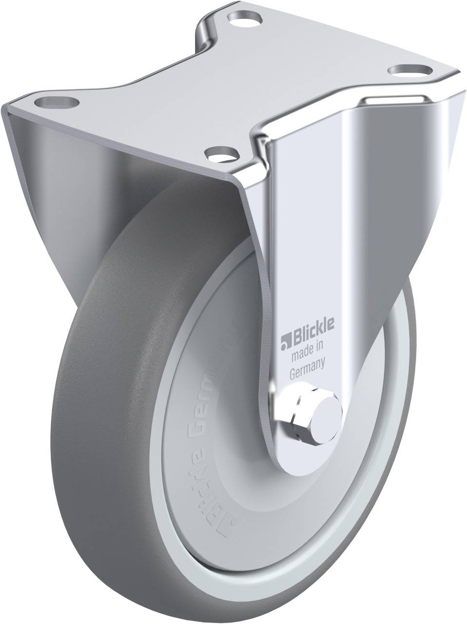 Graue Industrierolle mit metallener Halterung, geeignet für Möbel oder Maschinen. Robust und für glatte Böden konzipiert.