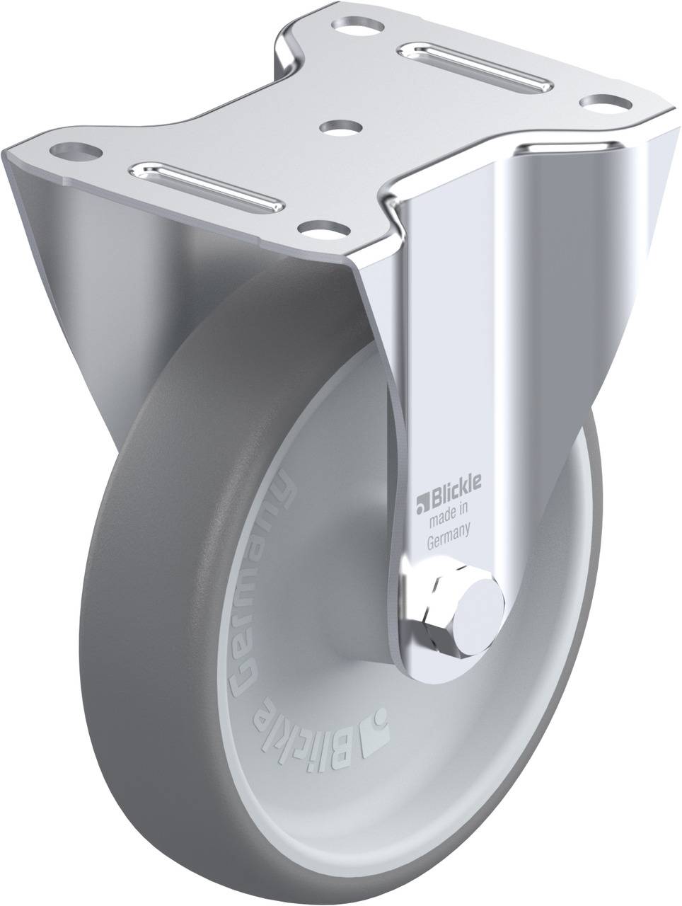 Graue Lenkrolle mit Metallhalterung, mit 'Blickle made in Germany'-Beschriftung, geeignet für robuste Anwendungen.