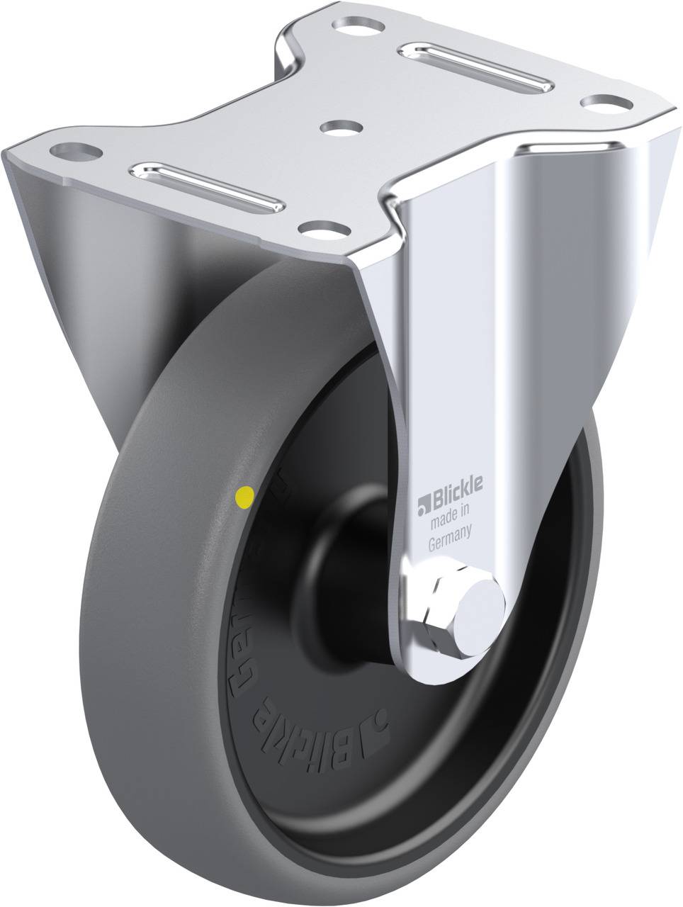 Industrie-Lenkrolle aus Metall mit schwarzem Rad und gelbem Punkt, Markenname 'Blickle' auf Nabelkappe, geeignet für schwere Lasten.