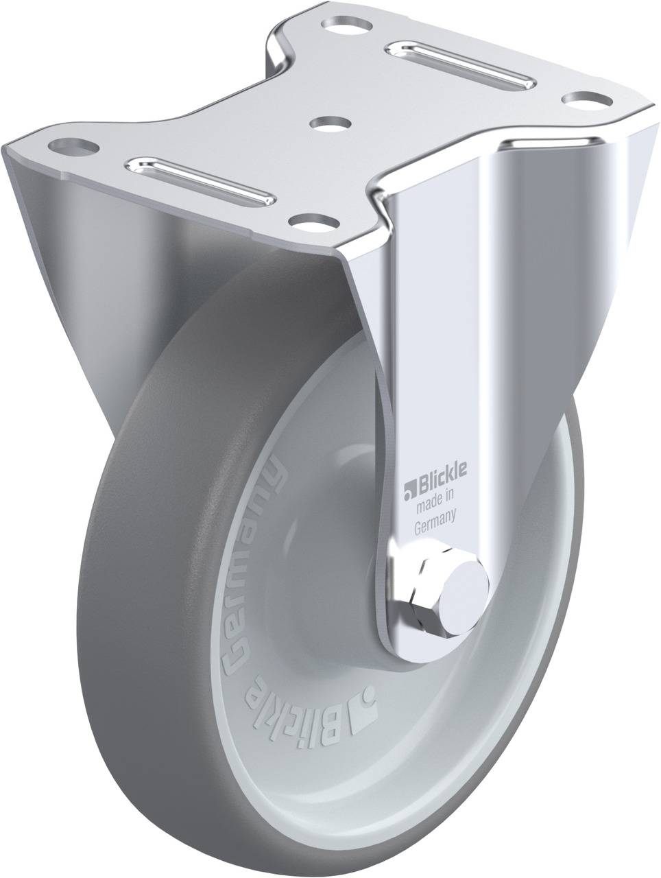 Graues, feststellbares Schwerlast-Lenkrollenrad mit metallener Halterung; Aufdruck 'Blickle, made in Germany'.