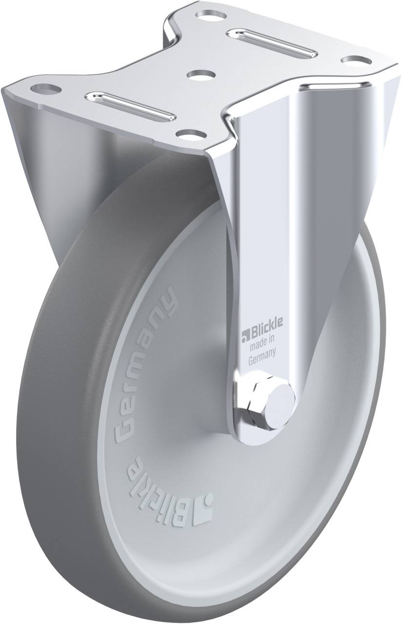 Grau-weißes Rollenrad mit Metallhalterung und Schriftzug 'Blickle Germany'. Geeignet für Möbel oder Transportwagen.