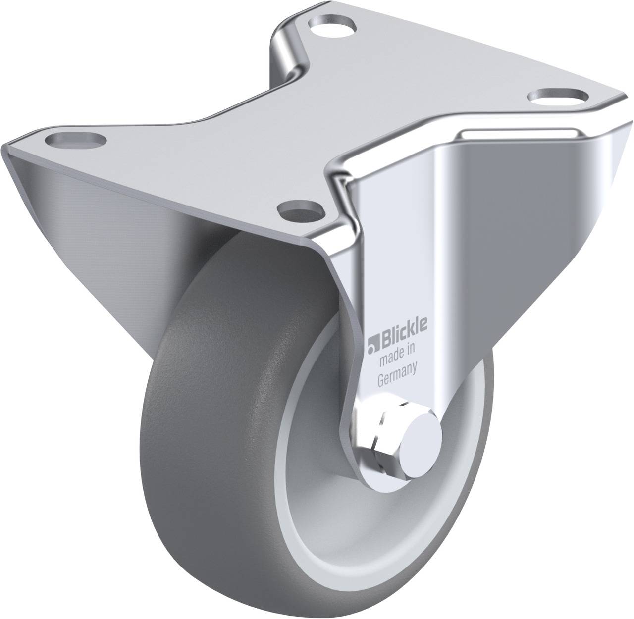Lenkrolle aus Metall mit grauem Gummirad, geeignet für schwere Lasten, Produktaufdruck: 'Blickle made in Germany'.