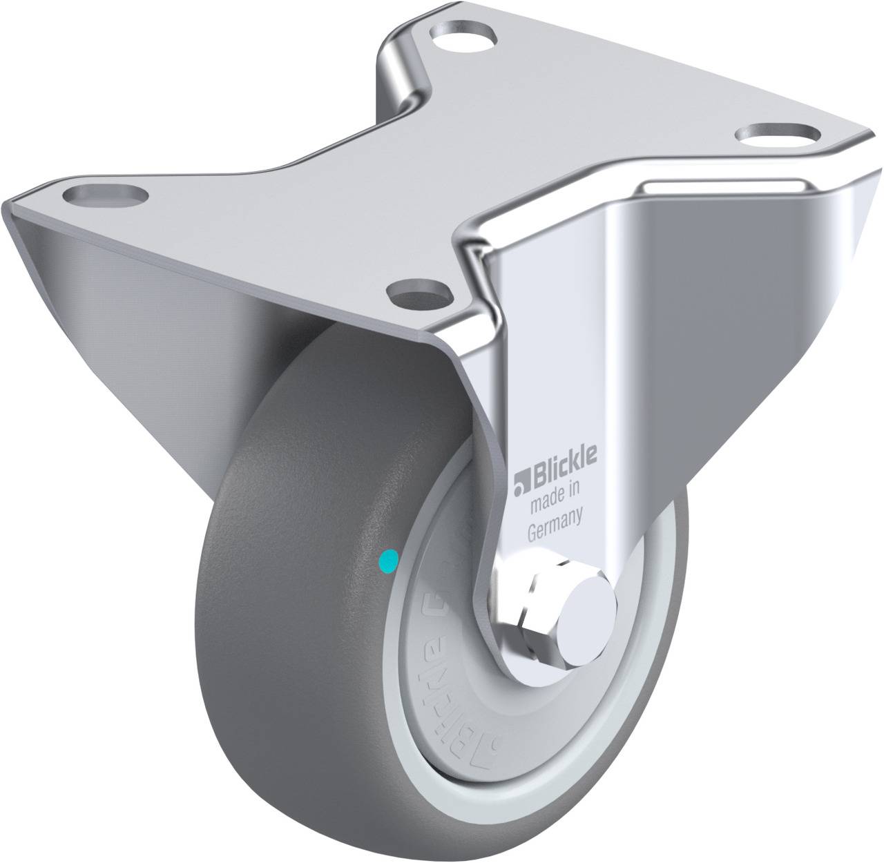 Lenkrolle aus Metall mit Gummireifen, geeignet für industrielle Anwendungen und Möbel, von der Marke Blickle.