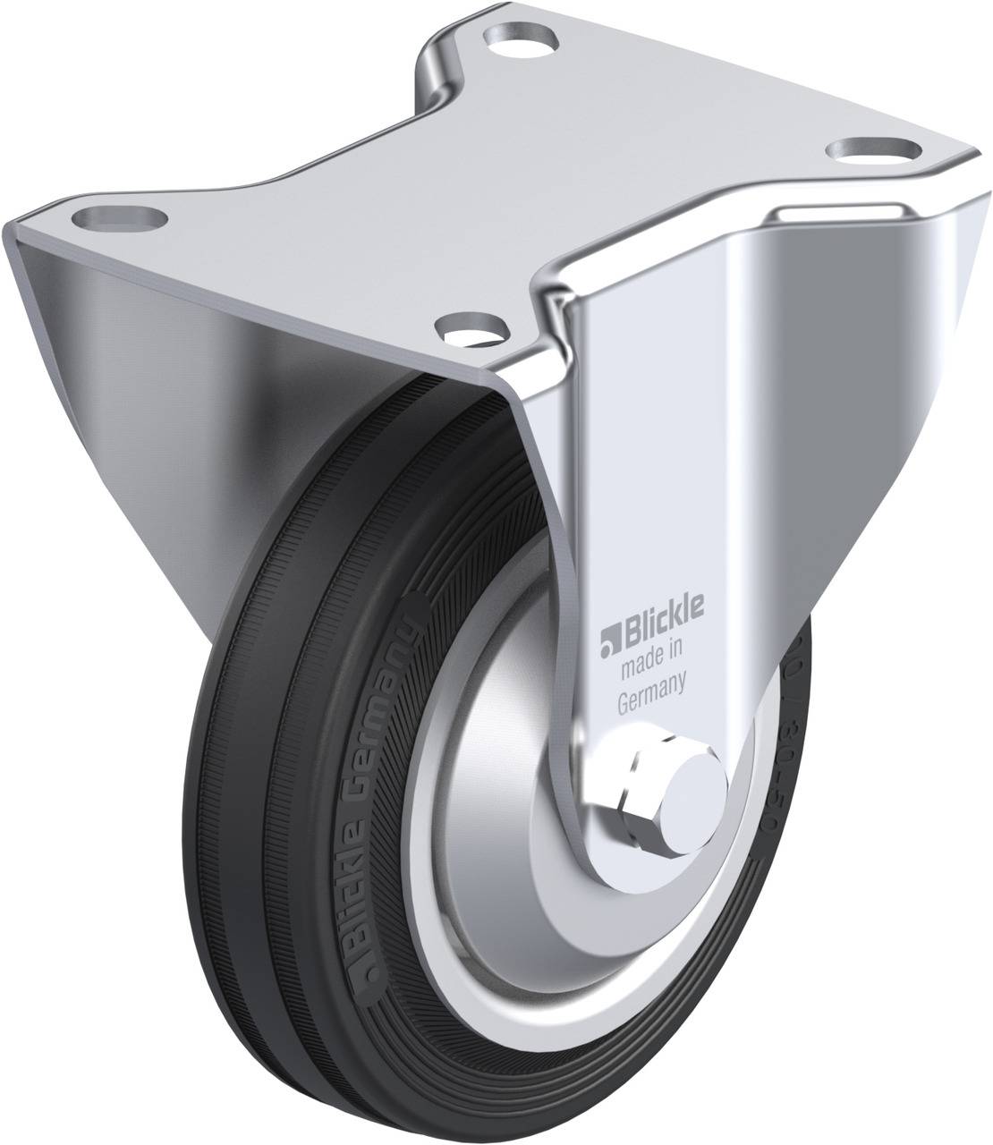Ein silbernes, schwenkbares Rad mit schwarzem Reifen, montiert an einer Metallplatte. Text auf dem Rad: 'Blickle made in Germany'.