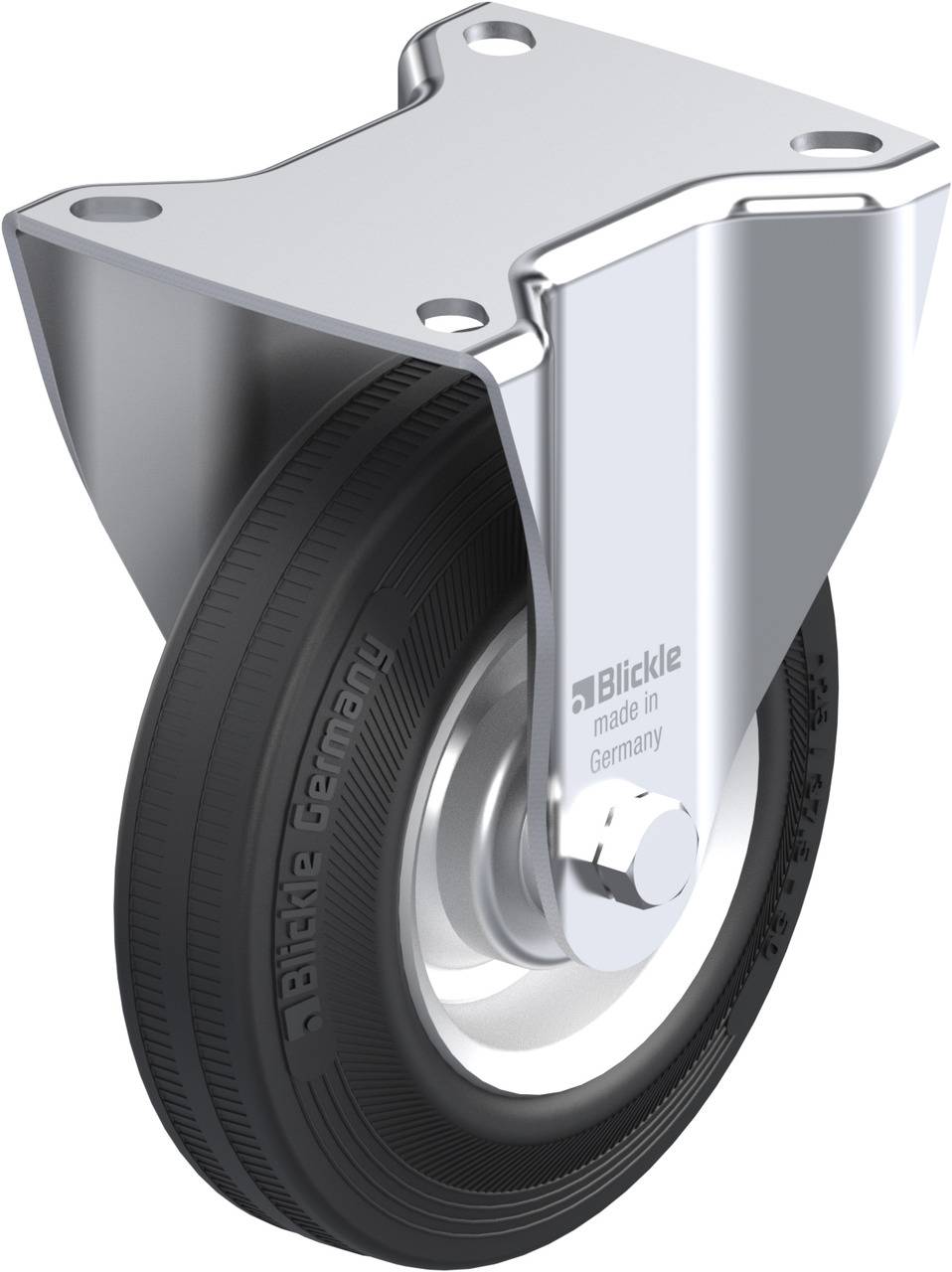 Rollenrad aus Metall und Gummi mit Aufhängung, Markenname 'Blickle Germany' sichtbar auf dem Reifen. Geeignet für industrielle Anwendungen.