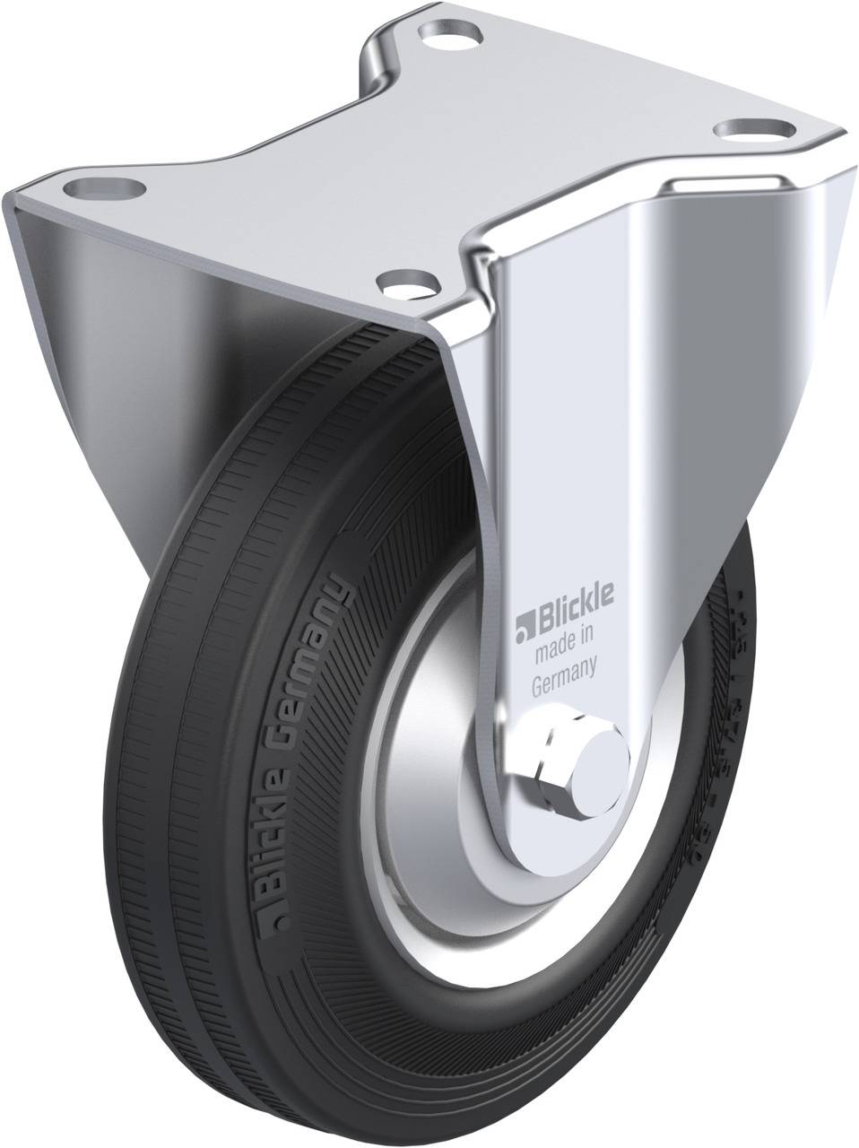 Ein Metall-Transport-Lenkrolle mit schwarzem Gummirad. Auf dem Rad steht 'Blickle made in Germany'. Geeignet für Geräte oder Möbel.