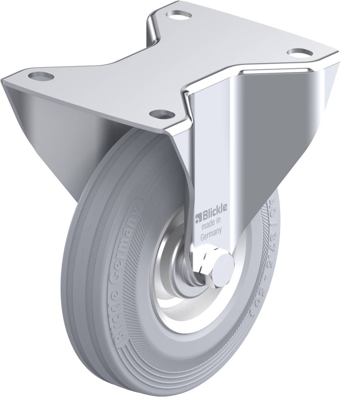 Schwenkrolle aus Metall mit grauem Rad. Markiert mit 'Blickle, made in Germany'. Geeignet für Transportwagen oder Möbel.