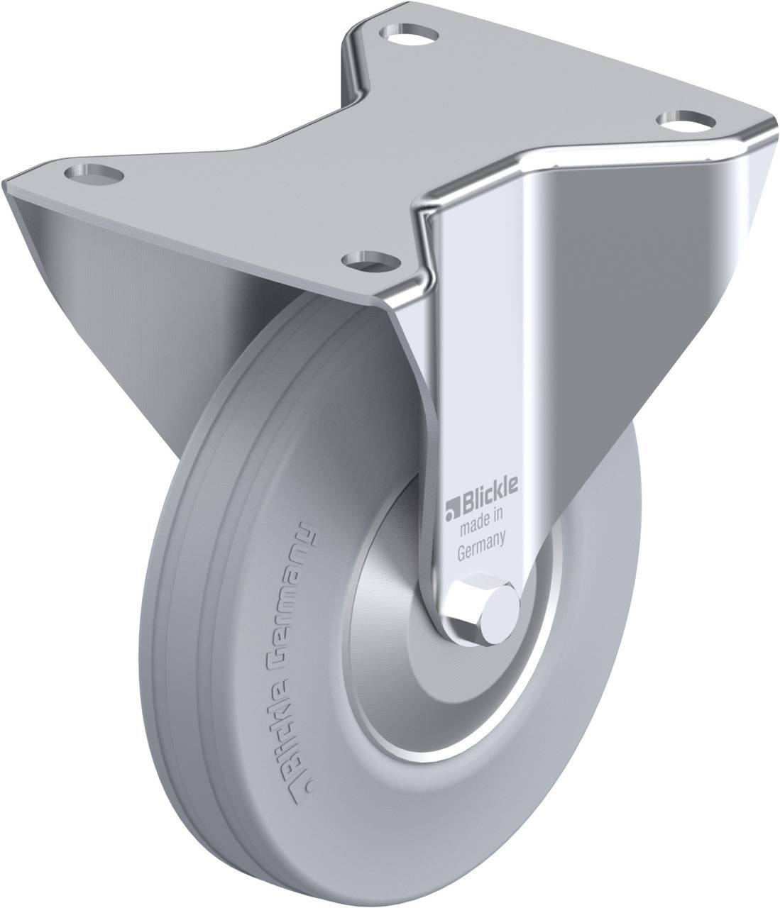 Graues Rad mit Metallhalterung, geeignet für Transportwagen. Markierung 'Blickle made in Germany' sichtbar auf Metallgehäuse.
