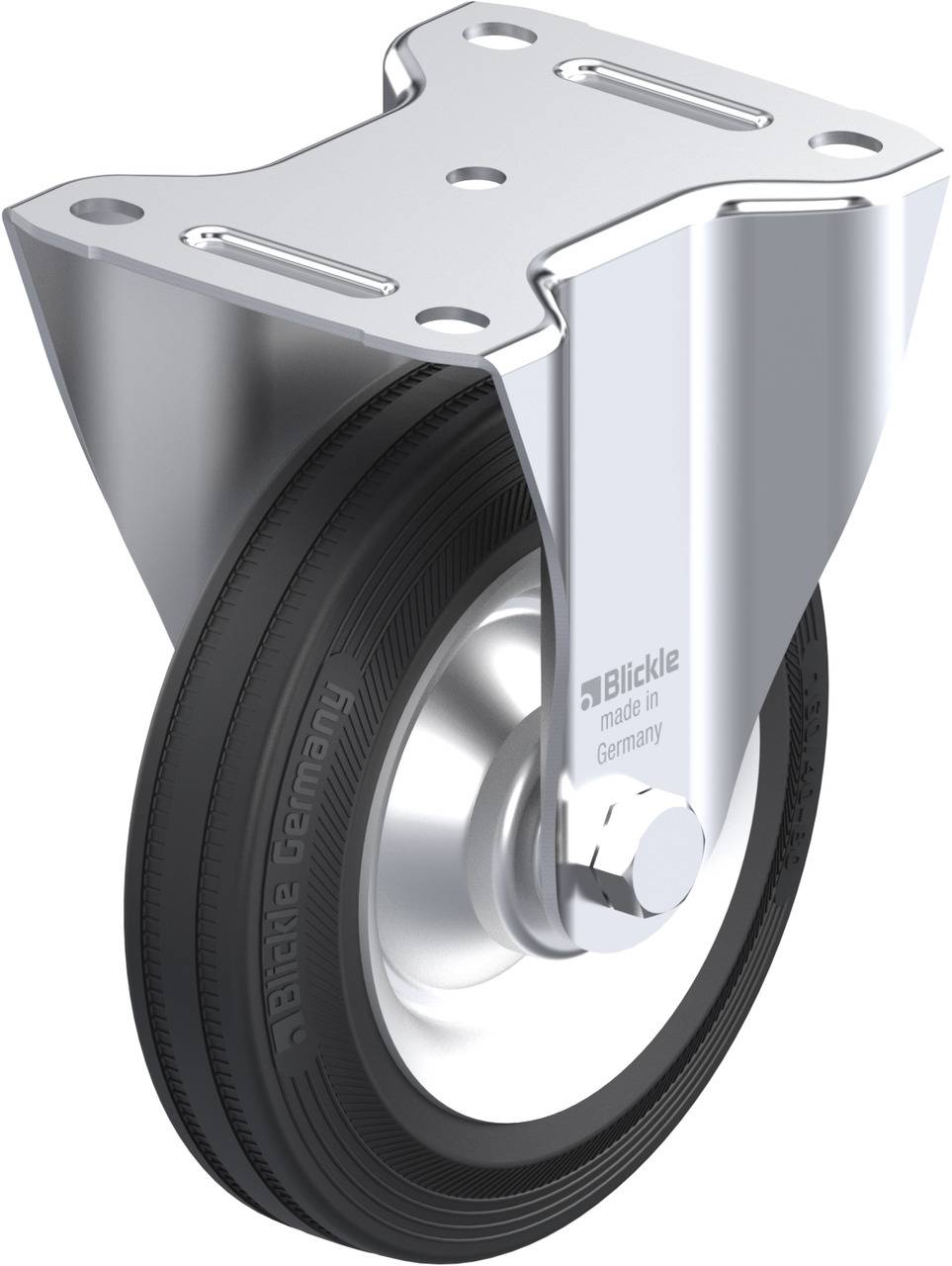 Ein drehbares Rollenrad mit geprägtem Logo 'Blickle Germany', geeignet für Transportgeräte. Es hat einen schwarzen Reifen und eine silberne Halterung.