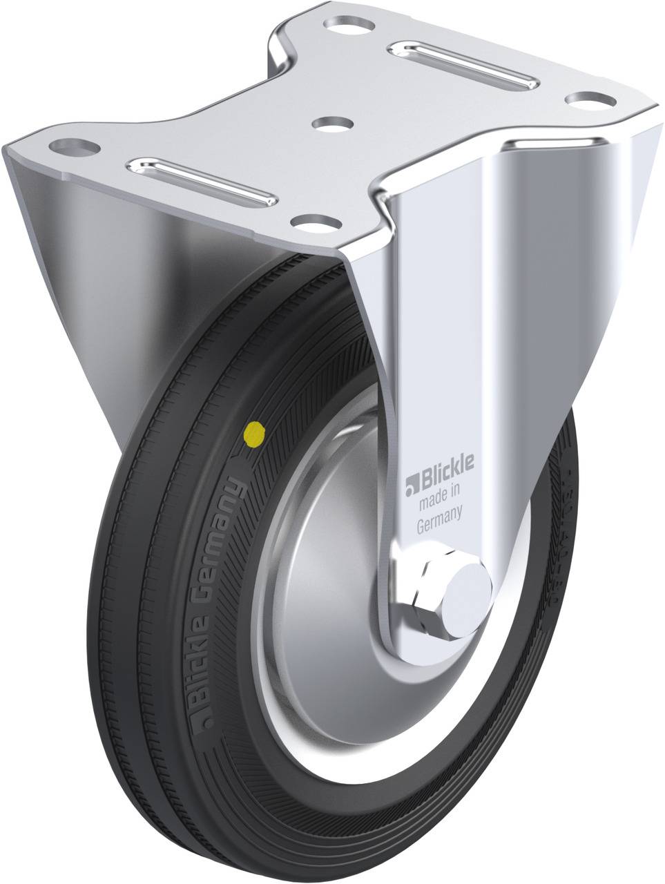 Schwenkbares Transportgerät-Rad aus Metall mit schwarzem Reifen und Befestigungsplatte, geeignet für schwere Lasten und Lagerbewegungen.