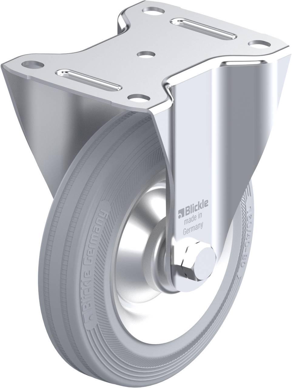 Graues Rad mit robustem Metallhaltern. Eignet sich zur Befestigung an Wagen oder Möbeln für verbesserte Mobilität.