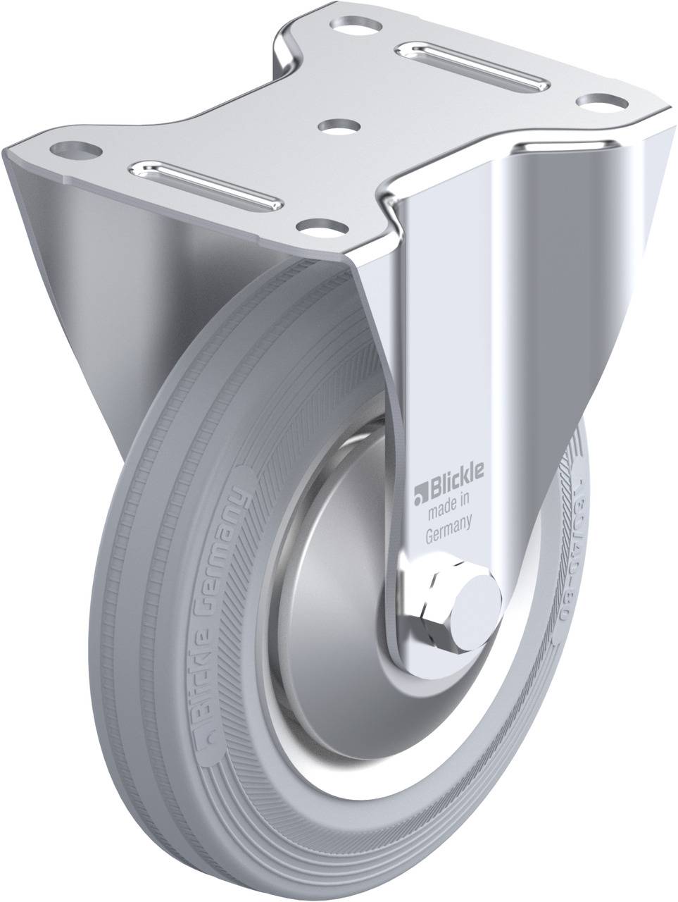 Metallrolle mit grauem Rad und Halter. Aufschrift 'Blickle made in Germany'. Stabile Konstruktion, geeignet für Möbel oder Geräte.