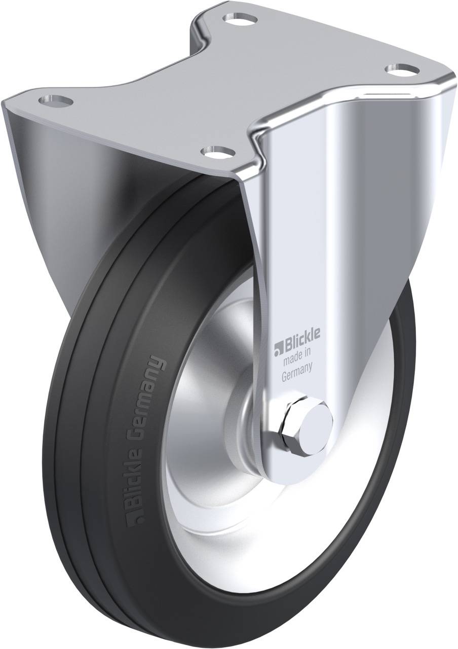 Industrie-Schwenkrolle mit grauem Rad, Metallgehäuse und vier Befestigungslöchern, geeignet für Schwerlastanwendungen.