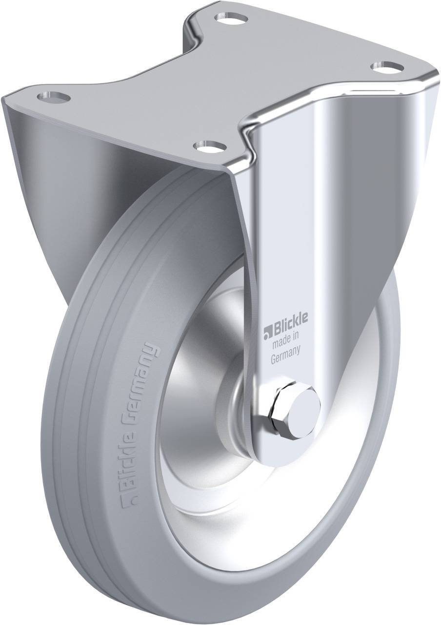 Rolle mit silberner Halterung und grauem Reifen, geeignet für industrielle Anwendungen, Marke 'Blickle', hergestellt in Deutschland.