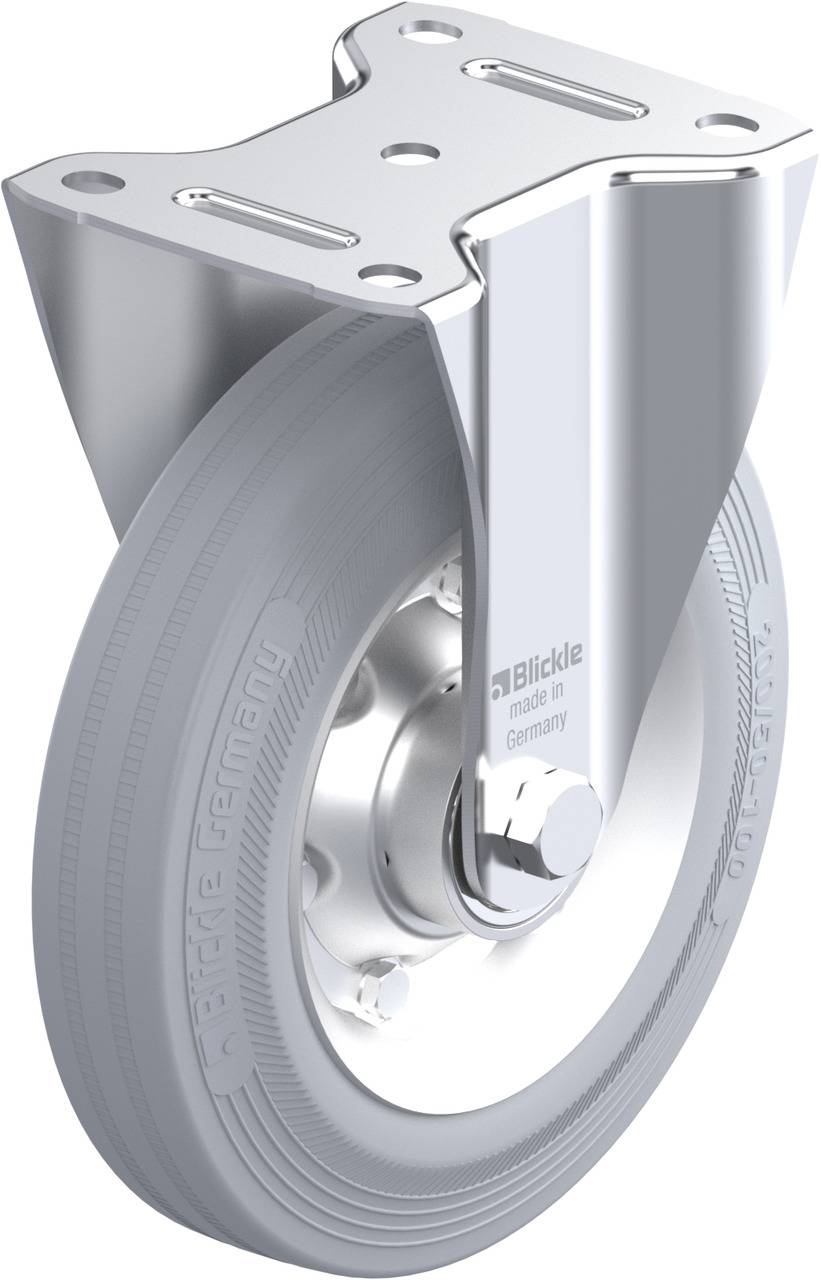 Grau-galvanisiertes Lenkrad mit Halterung, geeignet für Möbel oder Geräte, zeigt Nabe und Profil eines stabilen Rads in Seitenansicht.