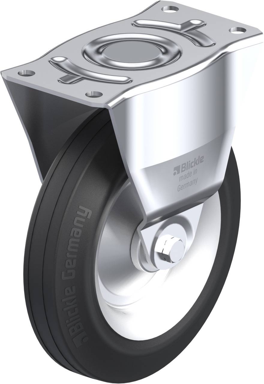 Lenkrolle mit schwarzem Gummirad und silbernem Gehäuse, geeignet für industrielle Anwendungen; Markenname 'Blickle' erkennbar auf Rad.