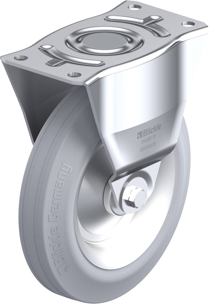 Industrie-Lenkrolle aus Metall mit grauem Gummirad von 'Blickle'.