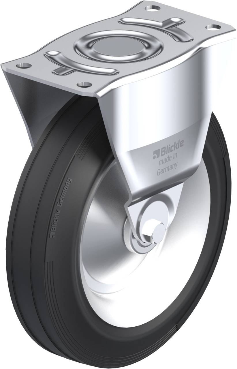 Industrie-Schwenkrolle aus Metall und Gummi, mit einem Halterungsmechanismus. Hauptsächlich zur Verwendung an Fahrgestellen.