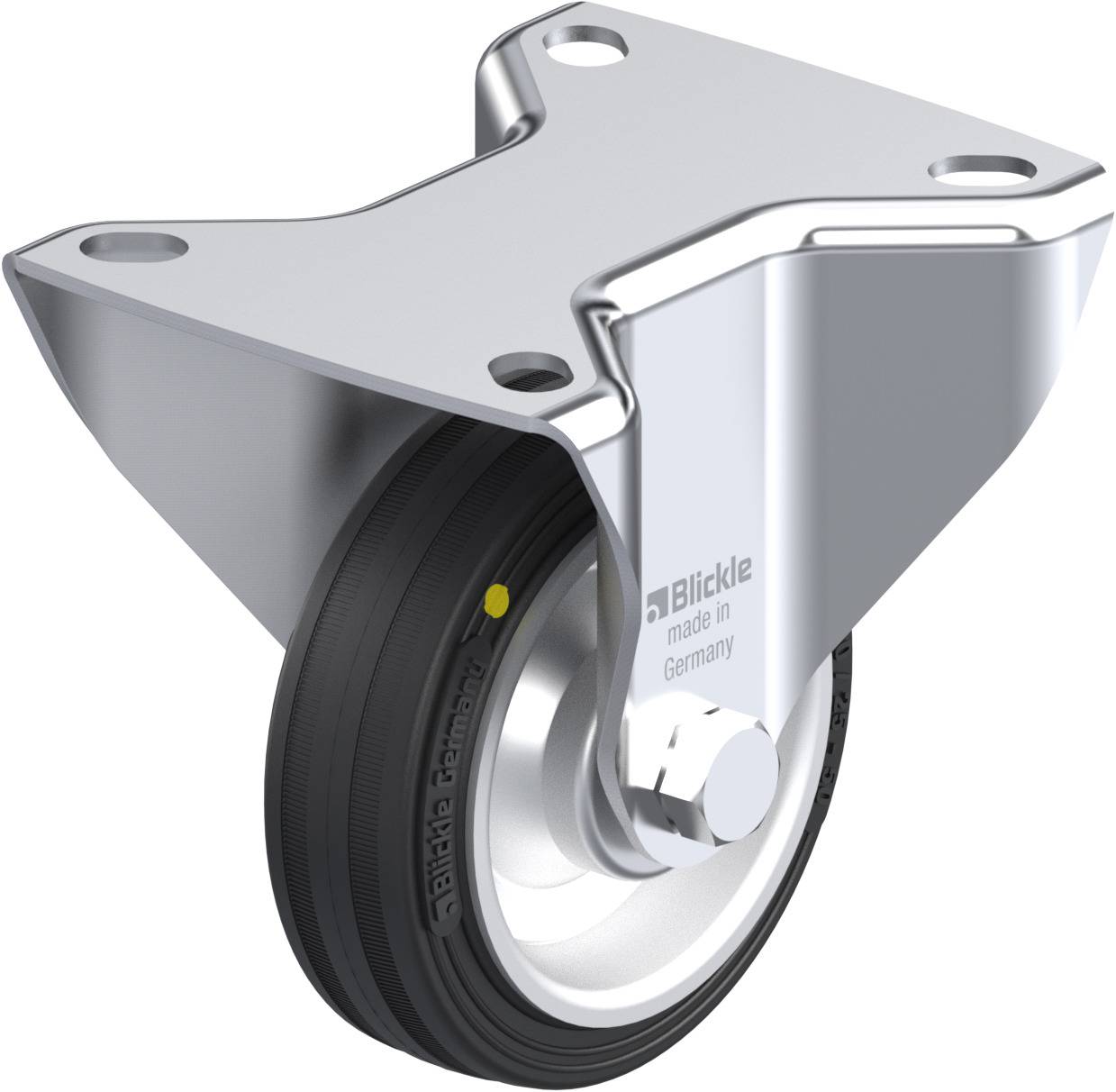 Schwenkrolle aus Metall mit schwarzem Rad und Befestigungsplatte. Geeignet für Wagen oder Möbel, robust und funktional gestaltet.