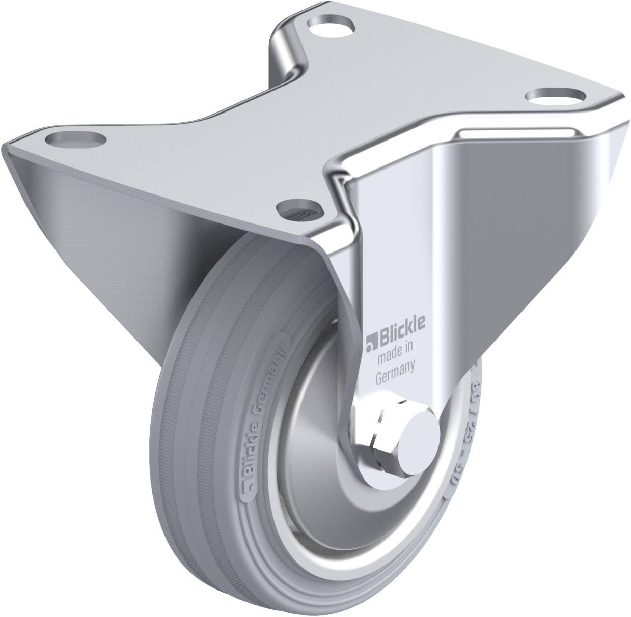 Schwenkrolle mit grauem Gummirad und metallener Halterung, seitlich montiert. Aufschrift 'Blickle, made in Germany' sichtbar.