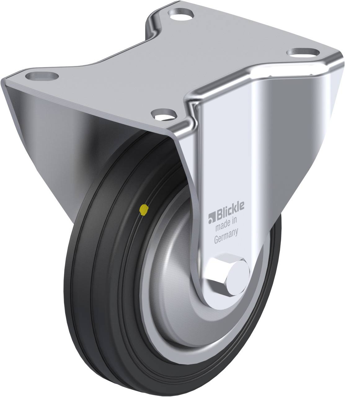 Stabiler Schwerlast-Rollenhalter mit schwarzem Rad, geeignet für Transportwagen oder Industrieanwendungen.