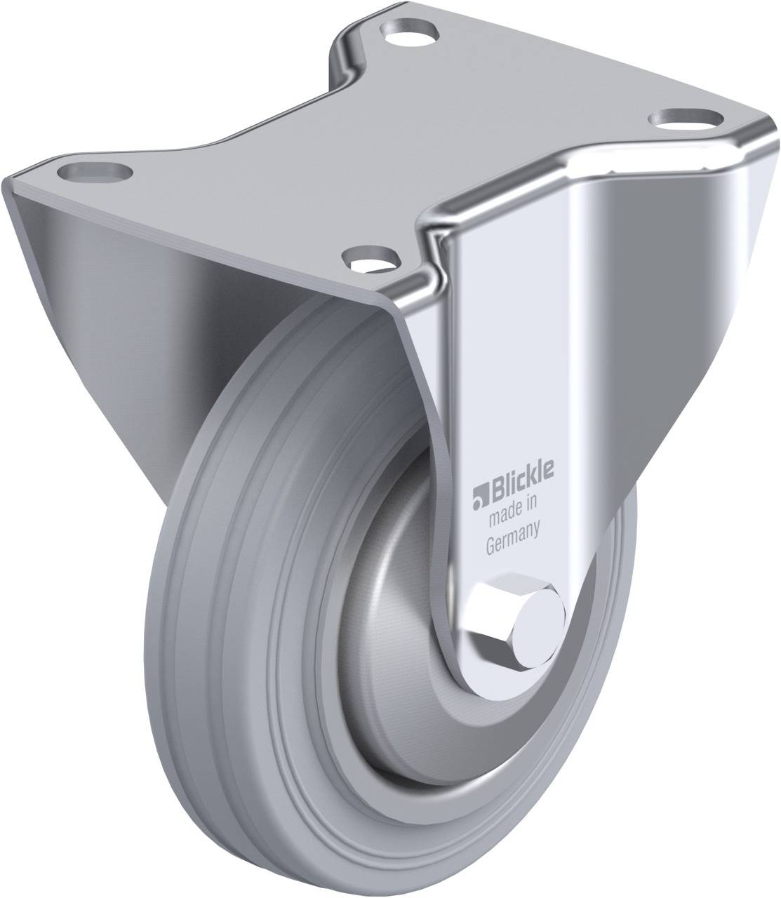 Industrie-Rolle aus Metall mit grauem Rad, schwenkbar, Aufschrift 'Blickle made in Germany', geeignet für schwere Lasten.
