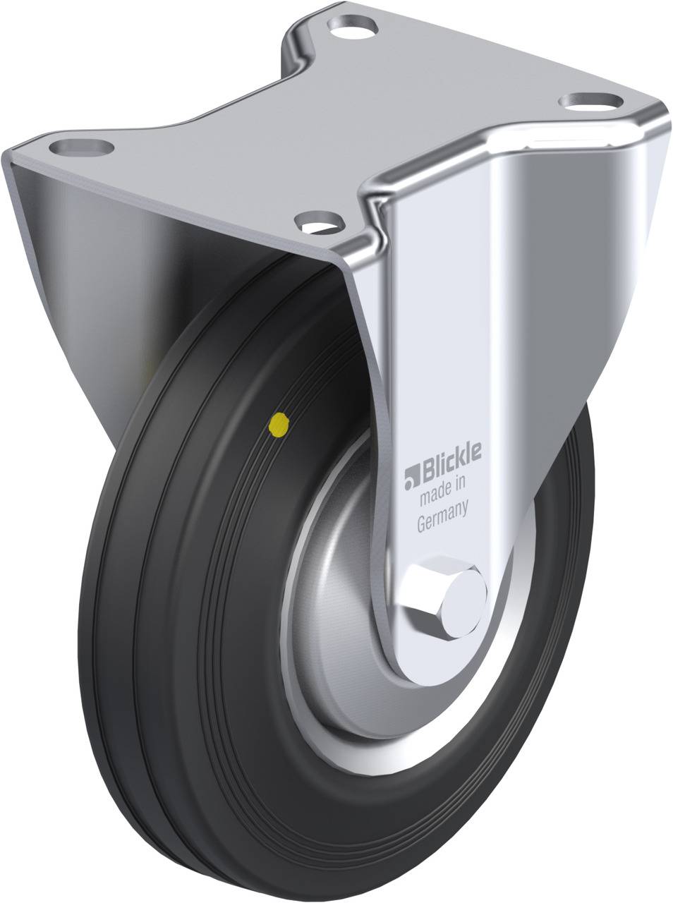 Metallisches Lenkrolle mit schwarzem Gummirad, montiert auf einer Halterung. Markierung 'Blickle made in Germany'.