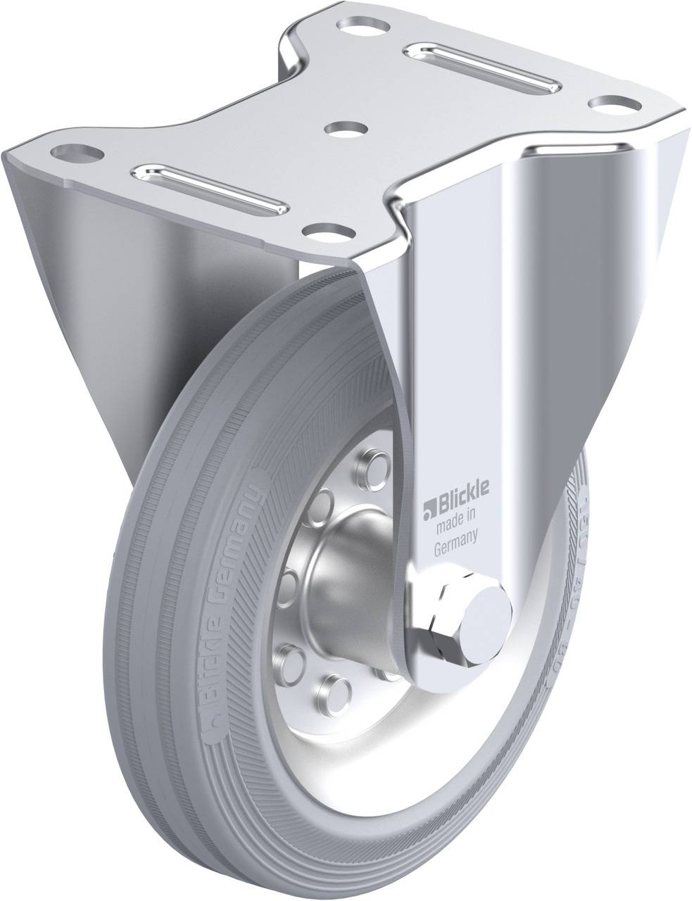 Silbernes Schwerlast-Lenkrolle mit glattem Rad und Halterung, geeignet für industrielle Anwendungen oder Transporttechnik.