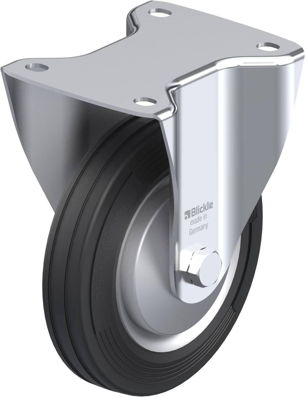 Metallrolle mit schwarzem Gummirad und silbernem Halter; Firmenlogo auf der Seite; verwendet für Transportwagen oder Möbel.