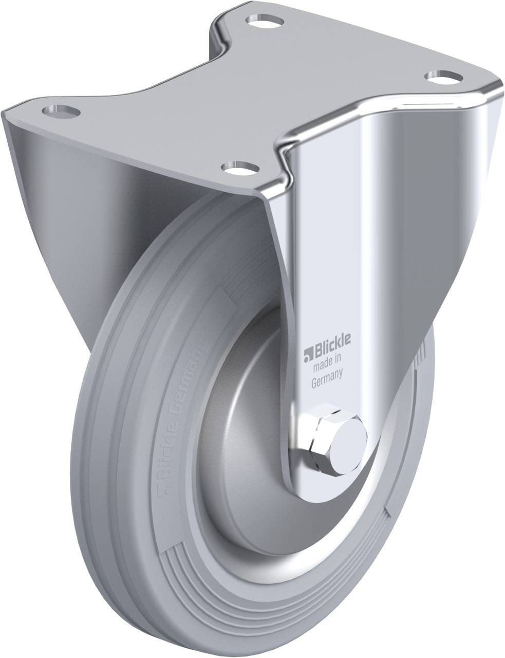 Graues Schwerlast-Lenkrolle mit Metallhalterung, geeignet für industrielle Anwendungen. Aufdruck: Blickle, made in Germany.
