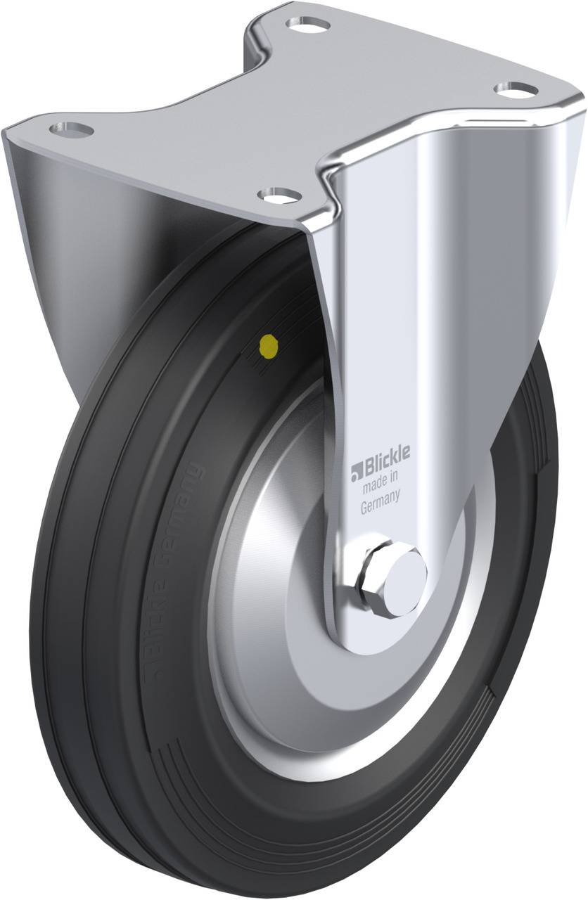 Metallenes Lenkrad mit schwarzem Vollgummireifen, montiert in stabiler Halterung, geeignet für industrielle Anwendungen.