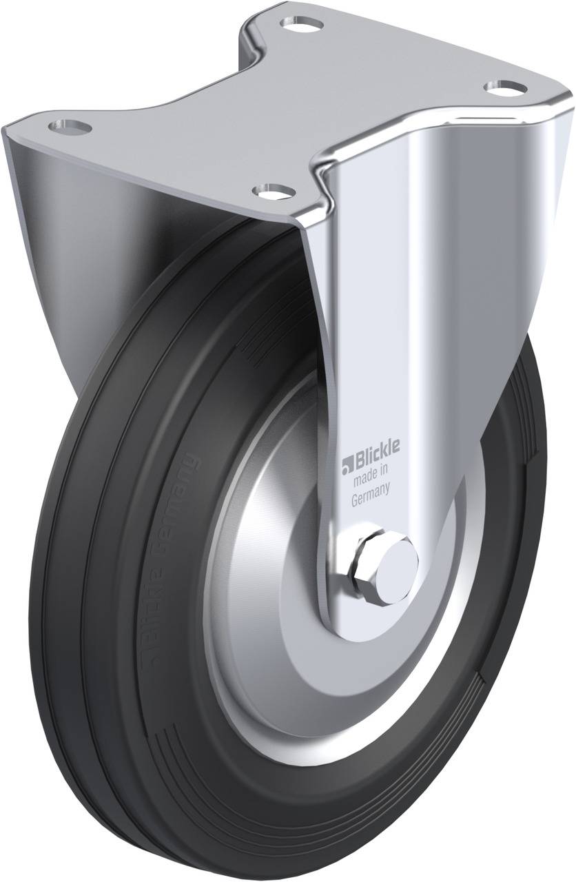 Metall-Lenkrolle mit schwarzem Gummirad und Befestigungsplatte.