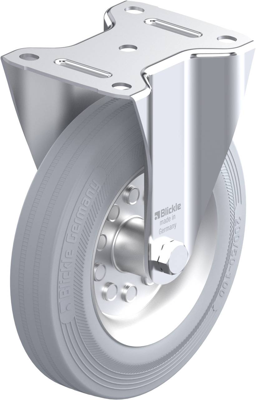 Schwenkrolle aus Metall mit Gummirad, geeignet für Industrieanwendungen. Zeigt das Logo und den Namen des Herstellers auf der Radplatte.