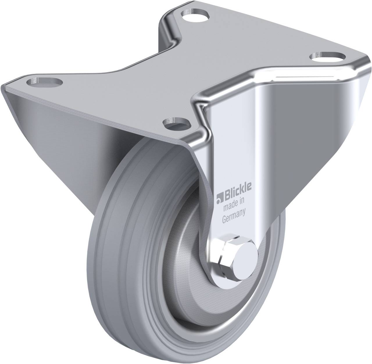 Metallrolle mit Halterung und schwenkbarem Rädergehäuse. Geeignet für industrielle Anwendungen. Markierung 'Blickle made in Germany' auf der Seite.