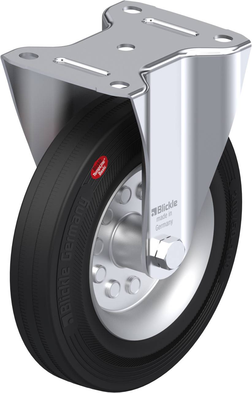 Rolle mit Metallhalterung, schwarzer Gummireifen 'Blickle', geeignet für Transportgeräte in industriellen Anwendungen.
